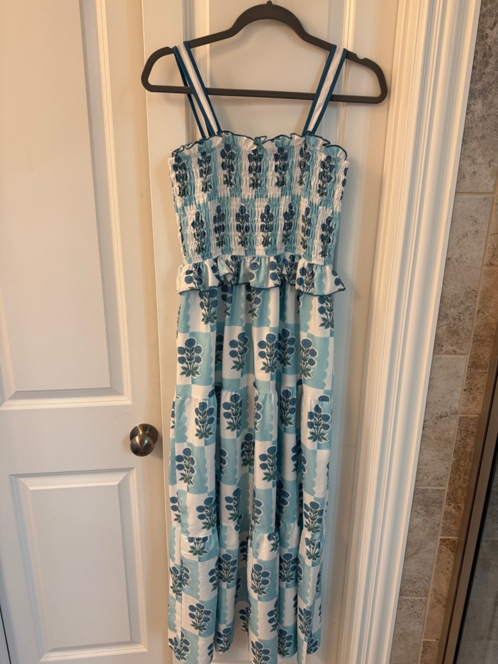 Blue and White Floral Smocked Maxi Dress